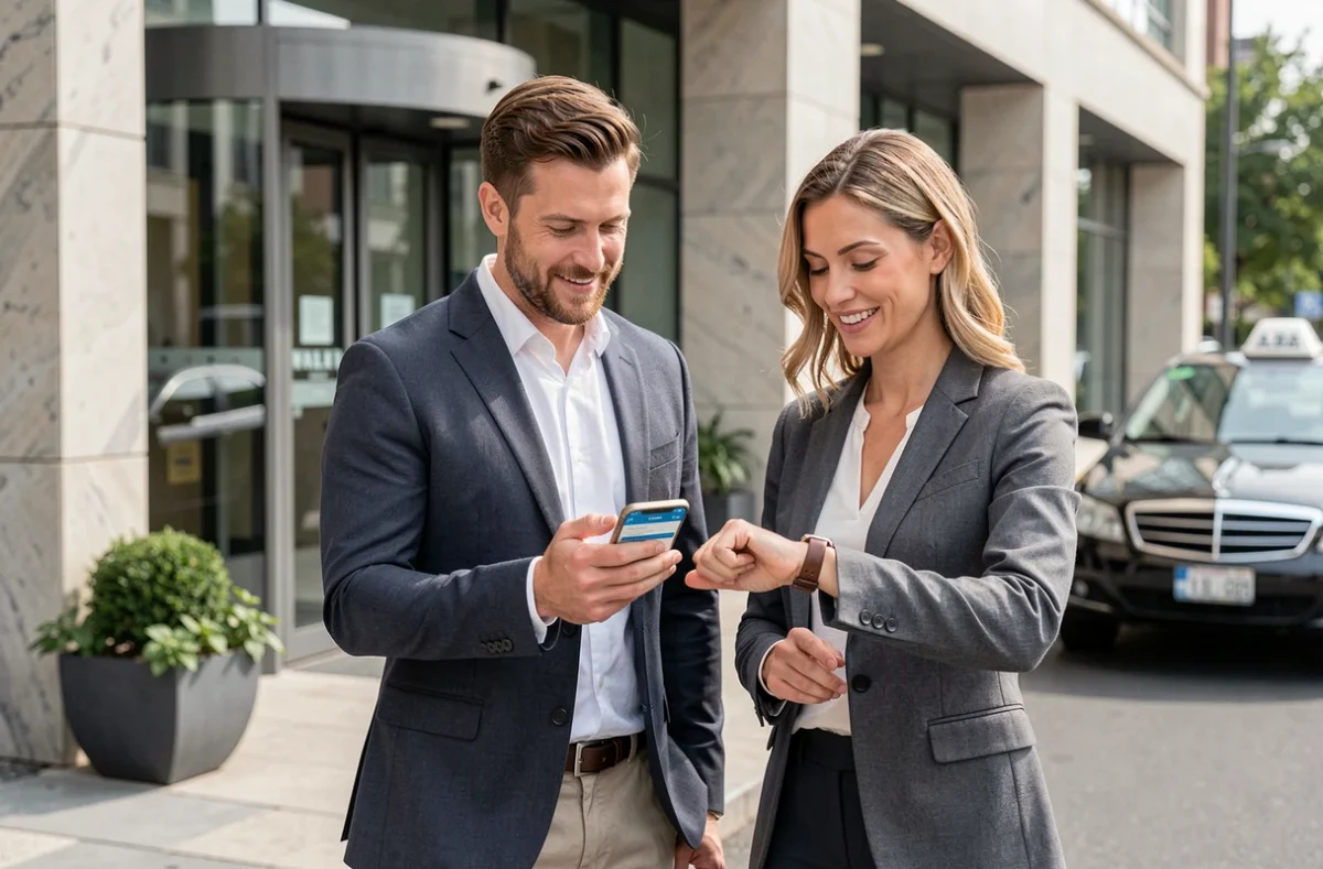 Deux professionnels attendant un taxi réservé via une solution de gestion d'entreprise devant un immeuble moderne