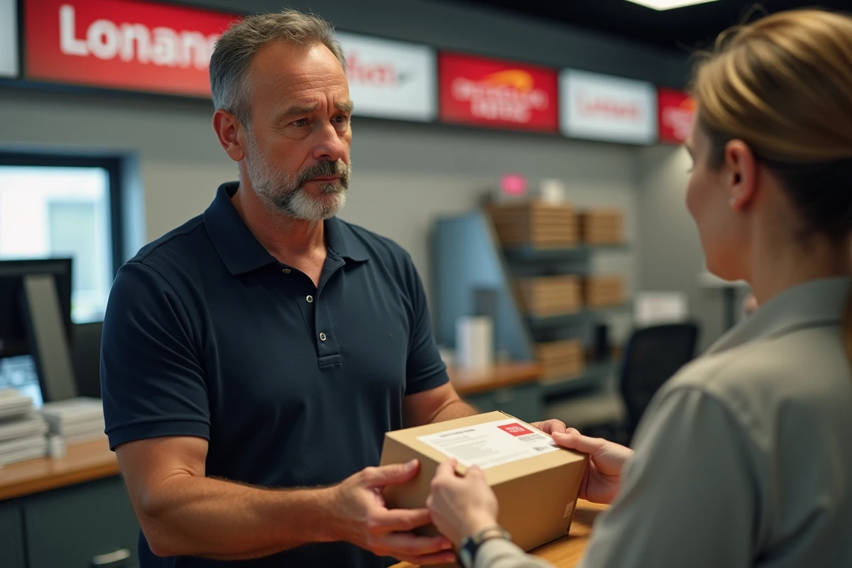 Client retournant un colis dans un bureau de poste, illustrant la procédure de retour produit et la fiabilité du service après-vente de Modz