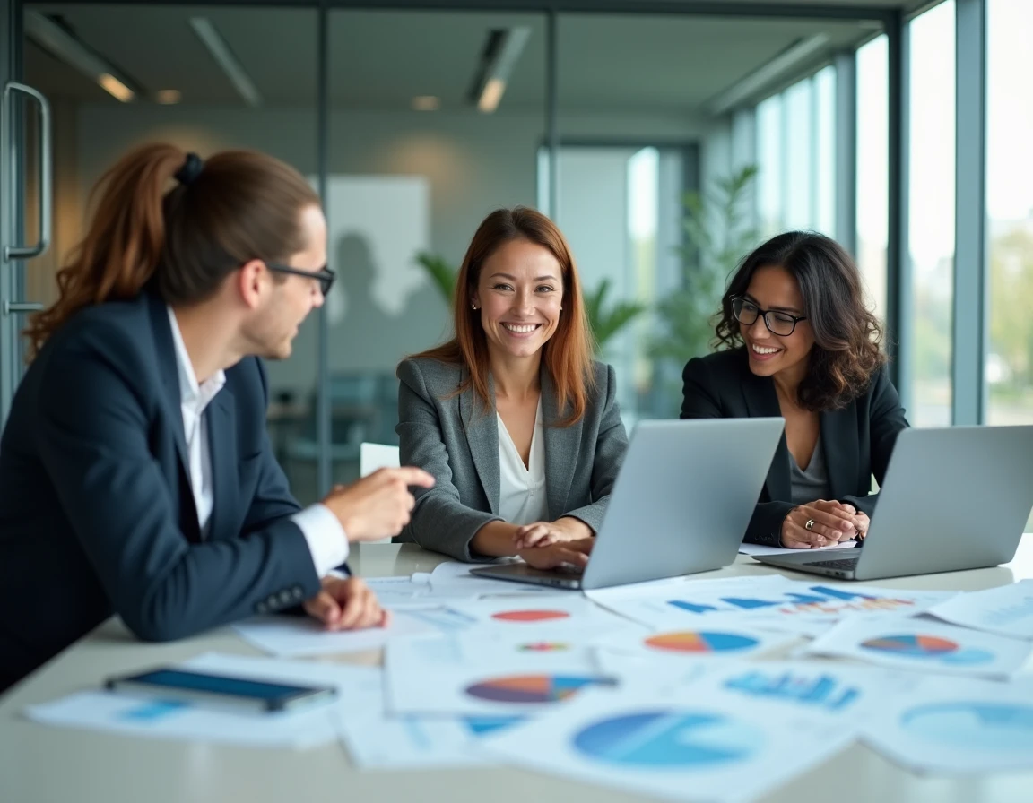 Équipe de professionnels en réunion stratégique autour de rapports financiers liés au partenariat CA Consumer Finance