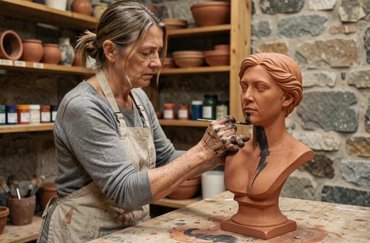 Artiste appliquant une patine sombre sur une sculpture en terre cuite dans un atelier de céramique