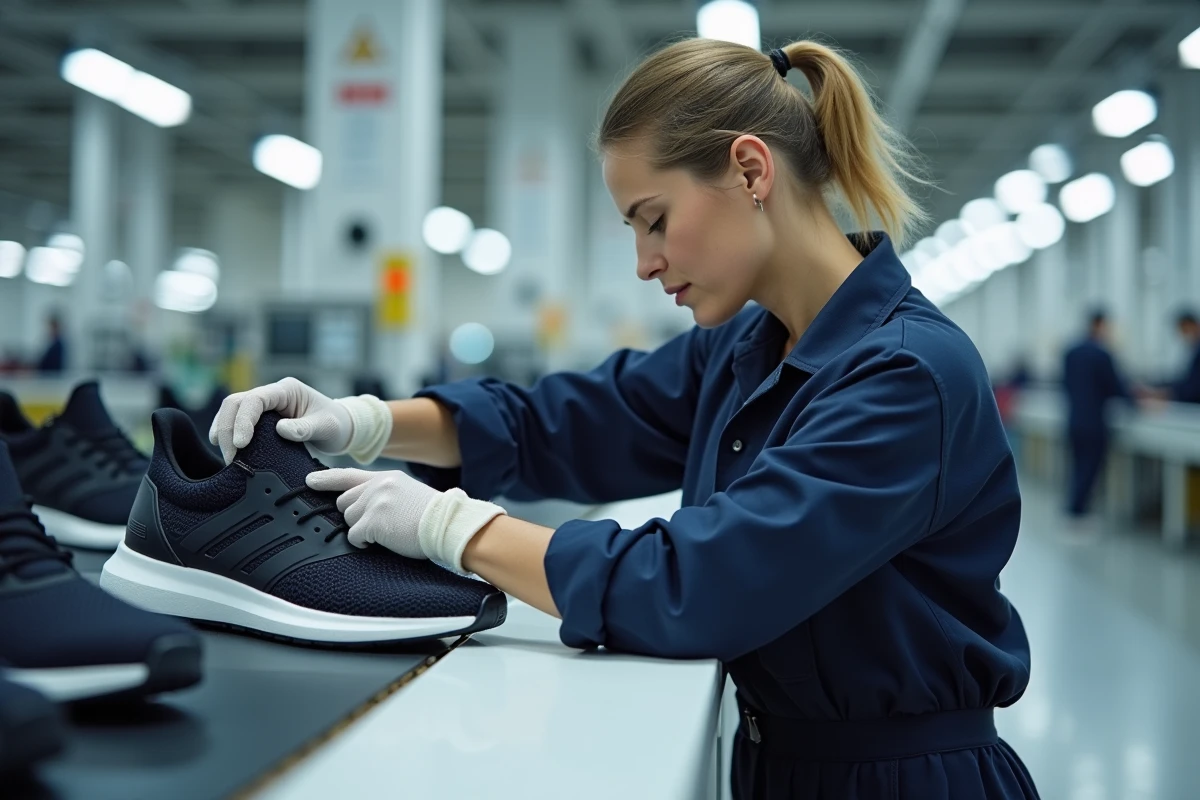 Ouvrière assemblant des semelles de sneakers dans une usine de chaussures au Portugal